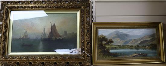 Continental School, 2 oils on board, Fishing vessels off the coast and an English School mountain lake scene